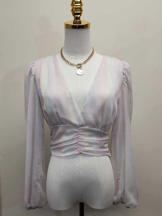 Forever 21 Tops - Forever 21 Sheer Pastel Blouse Ruched Waist Puff Sleeve V Neck Size Small
